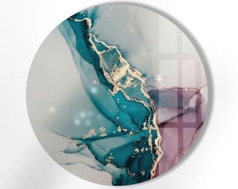 Abstract Teal & Gold Round Tempered Glass Wall Art, Circle Framed Glass Prints