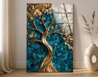 Gold Tree of Life Glass Wall Art, Teal Mosaic Botanical Design, Vertical Oversized Tempered Glass Wall Art, Luxury Home Decor