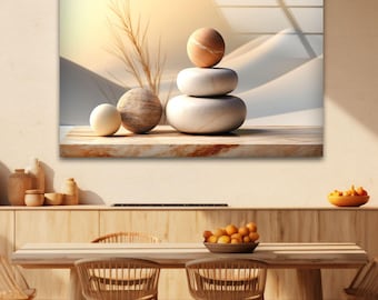 Zen Stones Tempered Glass Wall Art: Beige Spa Decor