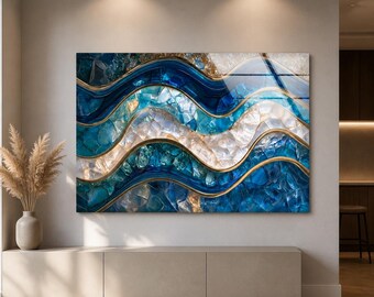 Sea Glass Wall Art, Blue Wave Abstract Tempered Glass, Oversized Modern Coastal Wall Decor for Living Room