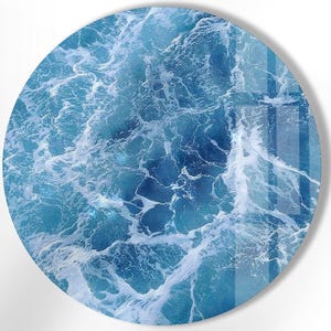 Ocean View Tempered Glass Wall Art: Round Sea Wave Decor