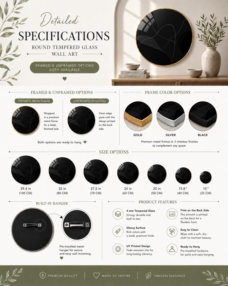 The image is a detailed specifications and product information for a round, framed, and unframed glass wall art. It provides information on the different frame colors, sizes, and built-in hanger features, as well as the type of glass used. The image is not a collage of multiple images, but rather a single, comprehensive description of the product.