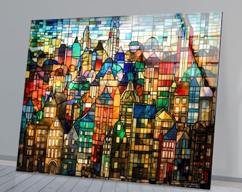 Tempered Glass Wall Art: Colorful Mosaic Cityscape, Handmade