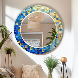 Tempered Glass Mirror Mosaic Round Wall Mirror for Bathroom decor, Circle Mirror Wall Decor for Bedroom, Circle Bathroom Mirror for Vanities
