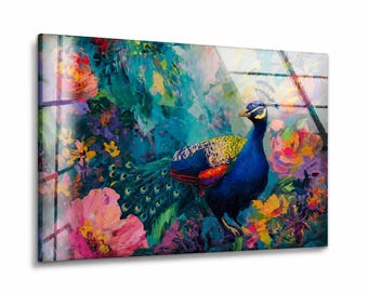 Colorful Peacock Wall Art, Floral Bird Tempered Glass Decor, Vibrant Botanical Art, home decor, wall hanging, large wall art