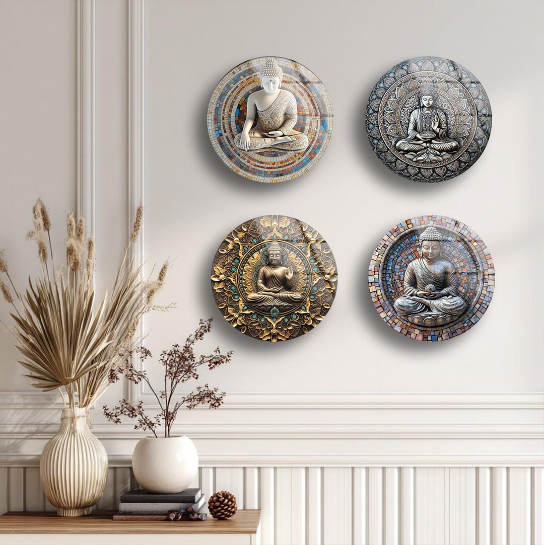 Buddha Tempered Glass Wall Art, Set of 4 Round Glass Prints Decor - Etsy