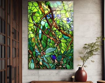 Stained Glass Forest Wall Art: Green Botanical Print on Tempered Glass