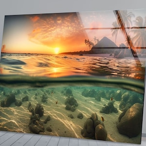 Tropical Ocean View Tempered Glass Wall Art: Handmade Coastal Decor