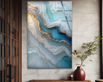 Blue Abstract Tempered Glass Wall Art: Modern Alcohol Ink Glass Print