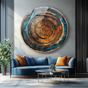 Rustic tree ring glass wall art with earthy brown and blue