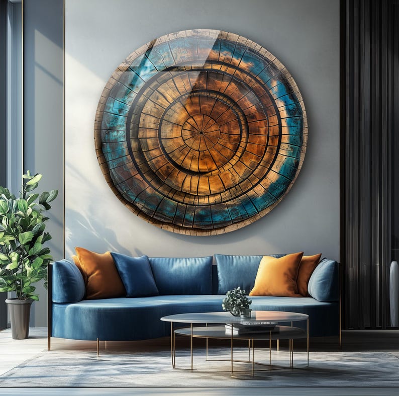 Rustic tree ring glass wall art with earthy brown and blue