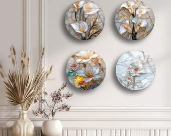 Floral Tempered Glass Wall Art Set, Round Stained-Glass Style Prints