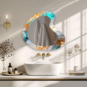 Tempered Glass Asymmetrical Wall Mirror: Turquoise & Gold Accent