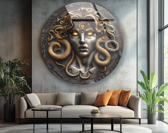 Arte mural de Medusa: Impresión de mitología griega - Vidrio dorado y negro