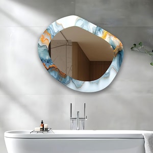 Asymmetrical Tempered Glass Wall Mirror: Modern Blue Decor