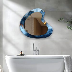 Blue Tempered Glass Wall Mirror: Asymmetrical Modern Decor