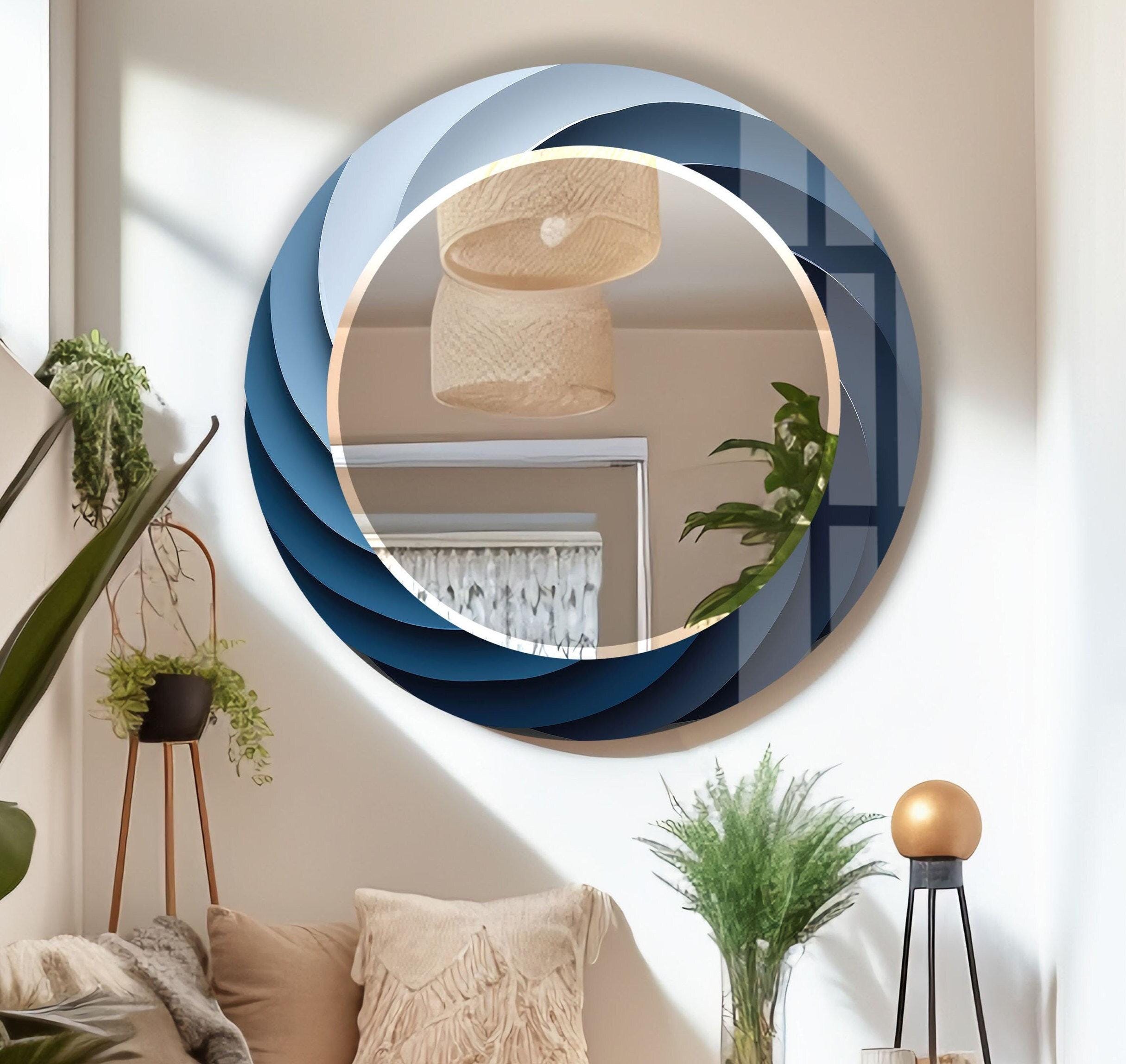 Handmade Tempered Glass Round Mirror: Blue Wall Decor