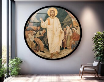 イエスの復活を描いたガラス製壁掛けアート：キリスト教の象徴、祈りの