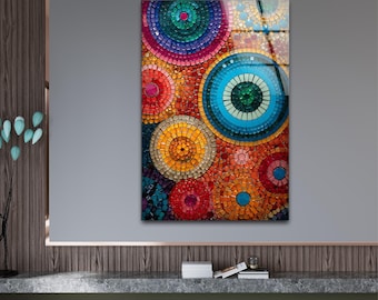 Arte murale in mosaico di vetro colorato – Stampa con design circolare astratto su vetro temperato, vivace opera d'arte verticale per interni boho o moderni