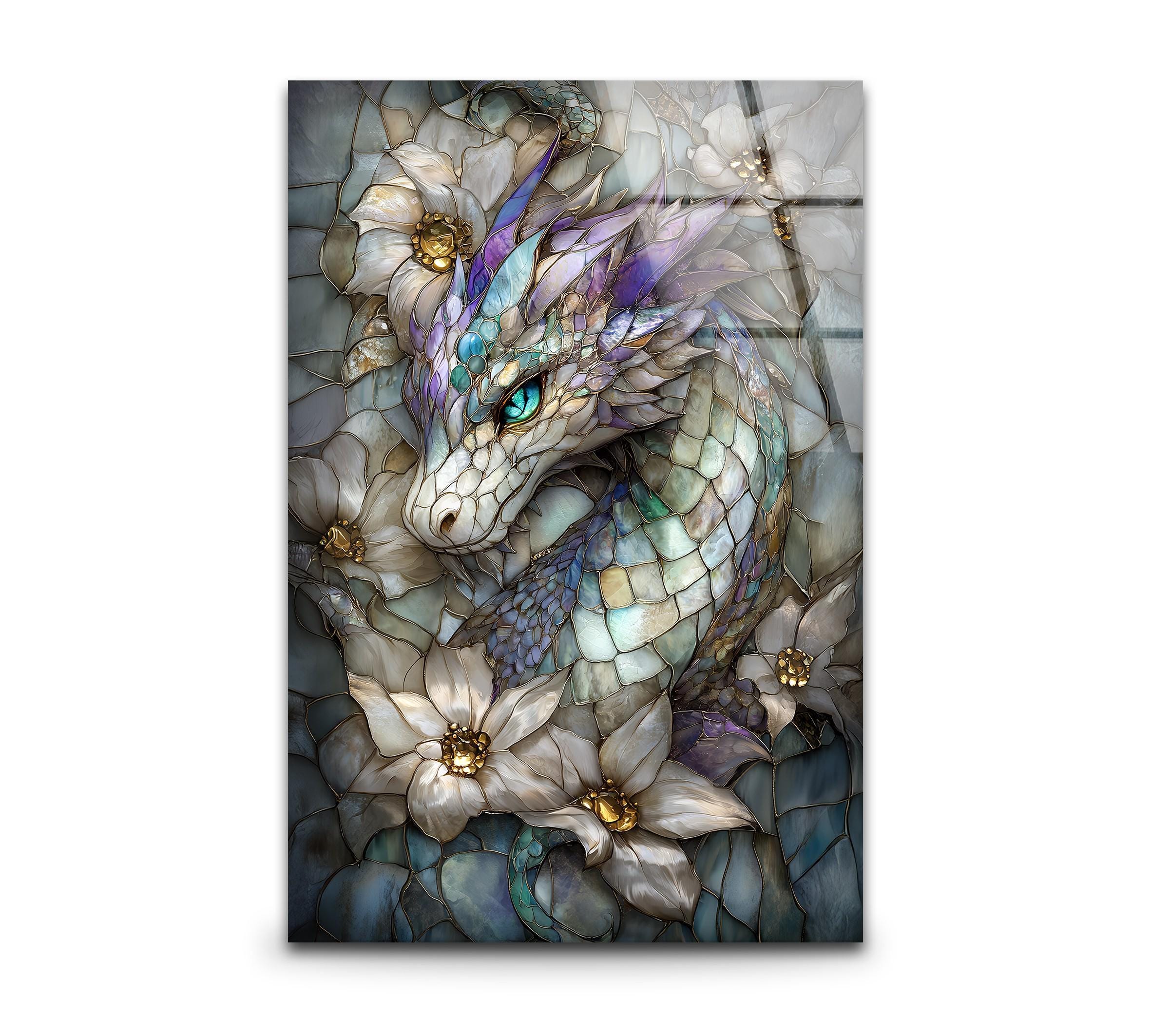 Iridescent Blue Dragon Glass Wall Art: Fantasy Floral Print - Etsy