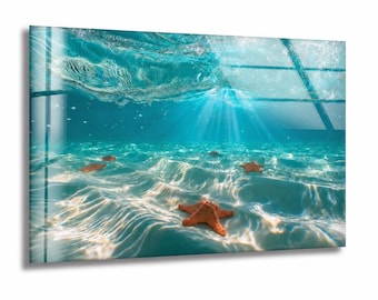 Underwater Starfish Glass Wall Art, Turquoise Ocean Seascape Decor, Tempered Glass, Framed or Unframed, Ready to Hang