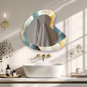 Tempered Glass Wall Mirror: Asymmetrical Turquoise & Gold Accent