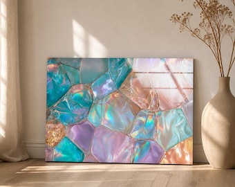 Iridescent Sea Glass Wall Art, Pastel Opal Mosaic Design, Horizontal Oversized Tempered Glass Wall Art in Aqua and Pink