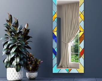 Handmade Tempered Glass LED Mirror: Blue Stained Glass Effect