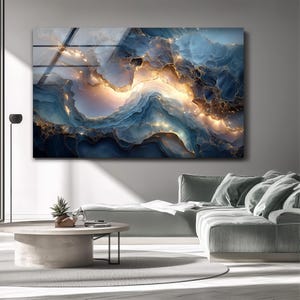Blau Gold Abstrakte Glaswand Kunst: Moderner Geoden Druck