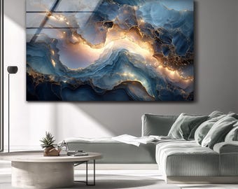 Blue Gold Abstract Glass Wall Art: Modern Geode Print