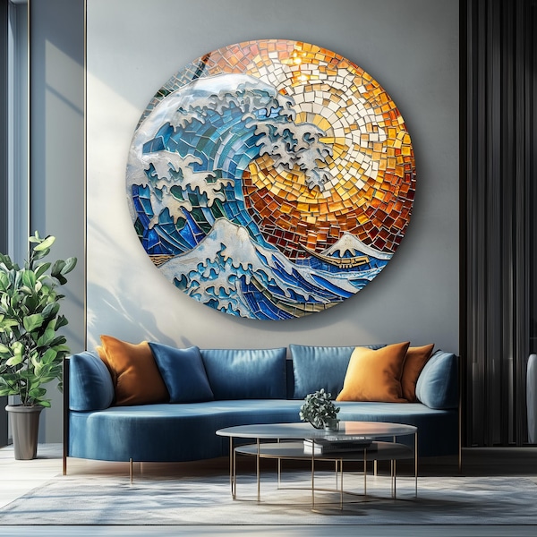Arte de pared de vidrio templado con olas del océano, estilo vitral