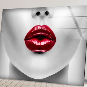 Red Lips Woman Tempered Glass Wall Art: Modern Handmade Decor