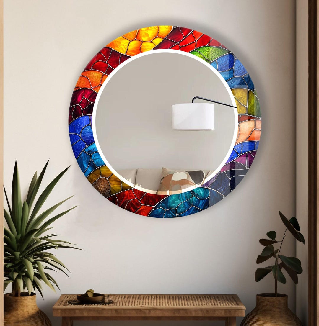 ❣️ステンドグラスミラー❣️ 手作り強化ガラス製ラウンドミラー：ステンドグラス風壁飾り - Etsy 日本