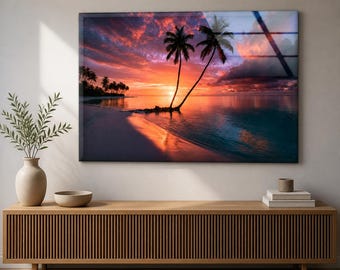 Tropical Sunset Tempered Glass Wall Art, Horizontal Palm Tree Beach Seascape in Orange, Pink and Deep Blue