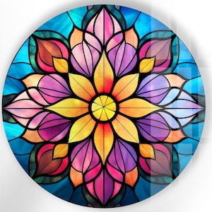 Tempered Glass Wall Art,Round Wall Art Gift,Tempered Glass Art,Round Stained Flower Decor,Glass Wall Decor,Glass Printing ,Floral Wall Art