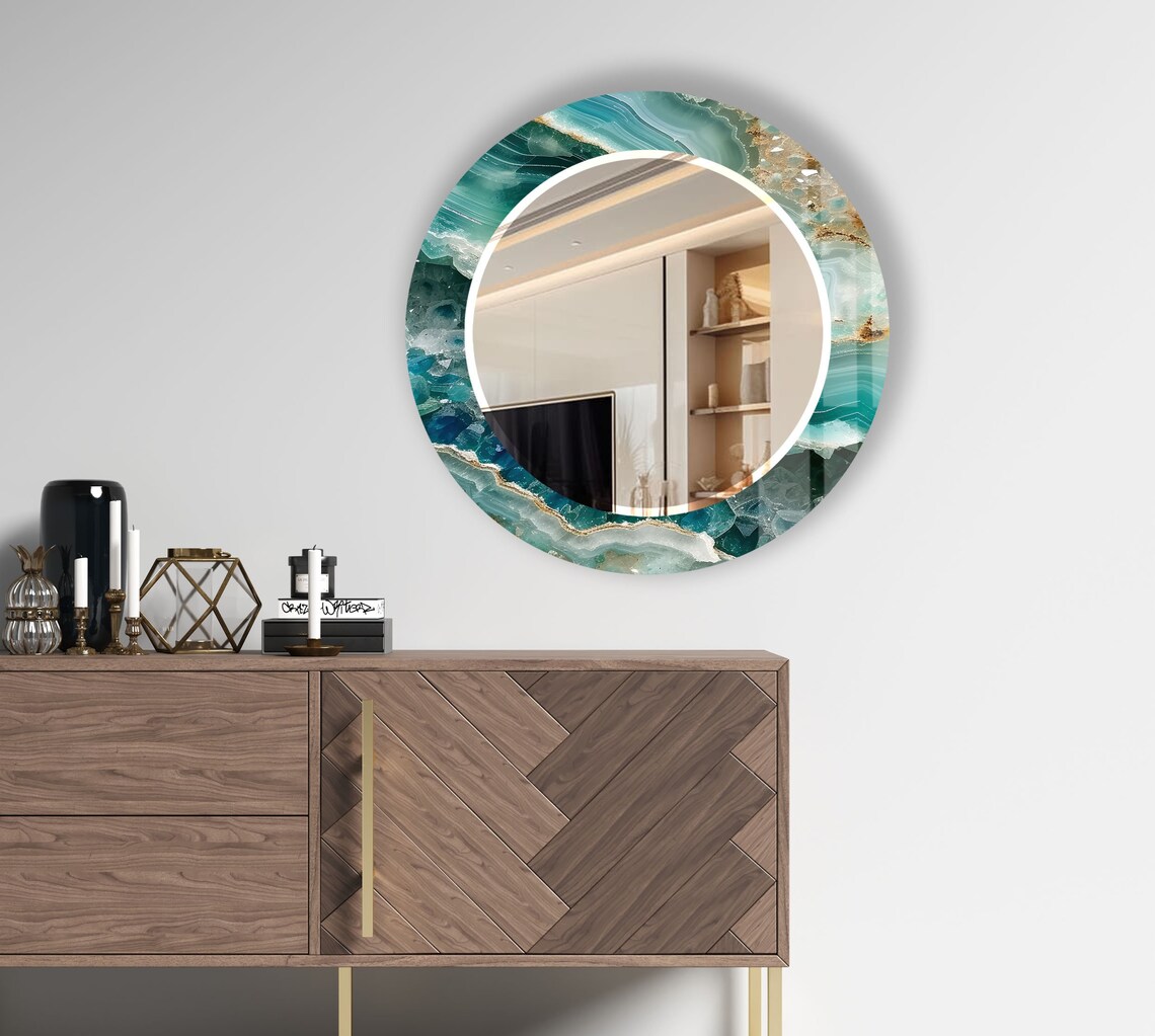 Tempered Glass Mirror Green Round Wall Mirror for Bathroom-circle ...