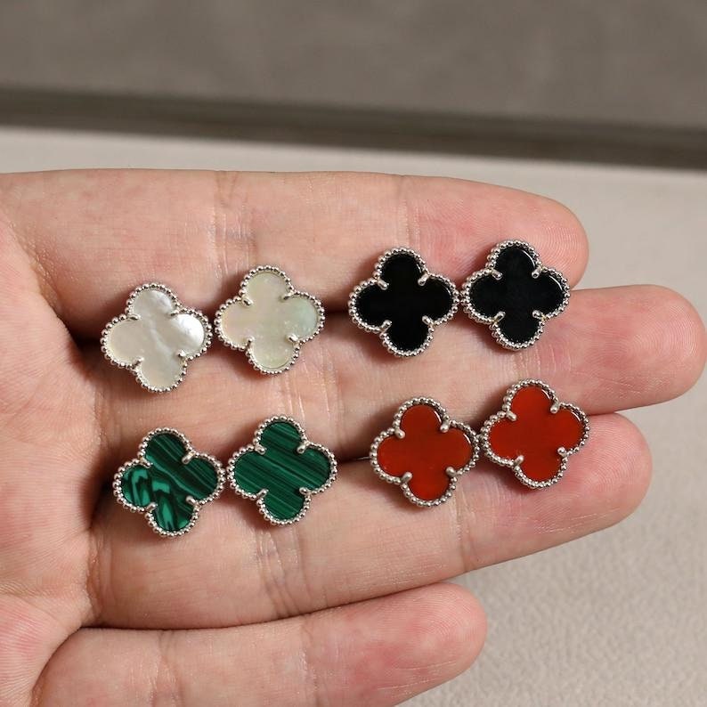 Quality 15mm Stud Clover Earrings 925 Silver 18k Gold Plated White Mother Of Pearl Red Carnelian Black Onyx Malachite Alhambra Minimalist Silver