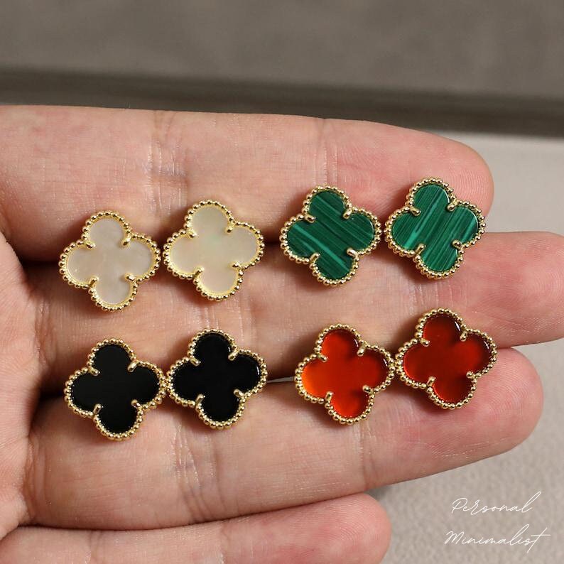 Quality 15mm Stud Clover Earrings 925 Silver 18k Gold Plated White Mother Of Pearl Red Carnelian Black Onyx Malachite Alhambra Minimalist Gold