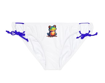 Colorful Frog White Loop Tie Side Bikini Bottom