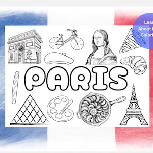 大人と子供向けのパリの塗り絵 - A4 + 米国レターサイズの印刷可能な PDF - 詳細なパリのランドマークのイラスト