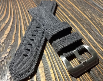 Handmade Black Washed Canvas Watch Strap:Double Rolled fully padded watch band,5 mm thickness watch strap for 18mm,20mm,22mm,24mm,26mm-50mm