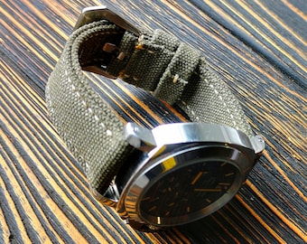 Canvas horlogeband, dubbelgewalst gewatteerde gewassen canvas horlogeband, licht olijfkleur, voor 20 mm, 22 mm, 24 mm, 26 mm, 28 mm, aangepast formaat
