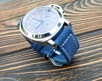 Washed Denim Canvas Watch Strap: Double Rolled, Custom Size