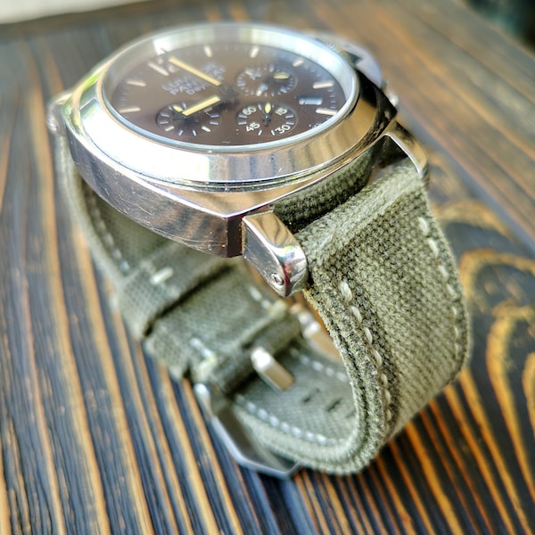 Handmade very ligth Olive Canvas Watch Strap: Distressed Double Rolled Band