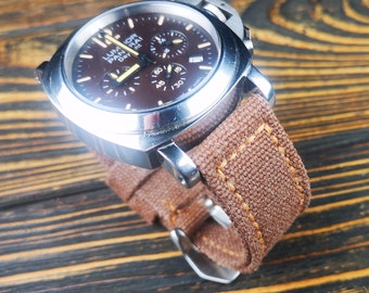 Washed Canvas Watch Strap, Double Rolled, Light Brown, Custom Size