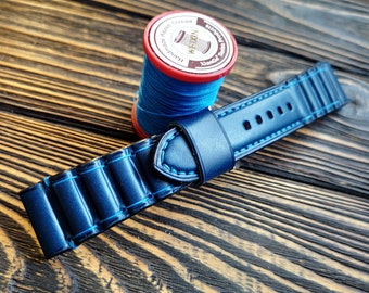 Bracelet de montre en cuir, bracelet de montre en cuir Buttero, couleur bleue, bracelet de montre pour 20 mm, 22 mm, 24 mm, 26 mm, 28 mm, taille personnalisée