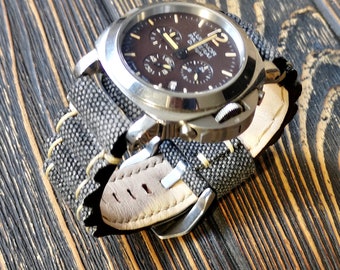 Bracelet de montre en toile, bracelet de montre en toile et cuir, couleur noire, pour 20 mm, 22 mm, 24 mm, 26 mm, 28 mm, taille personnalisée