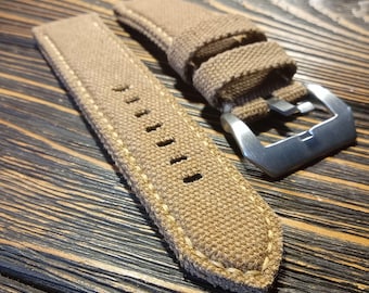 Washed Canvas Fully Padded Watch Strap:Ligth Brown color watch band, Double Rolled - 5 mm thickness watch strap for 18mm,20mm,22mm,24mm-50mm