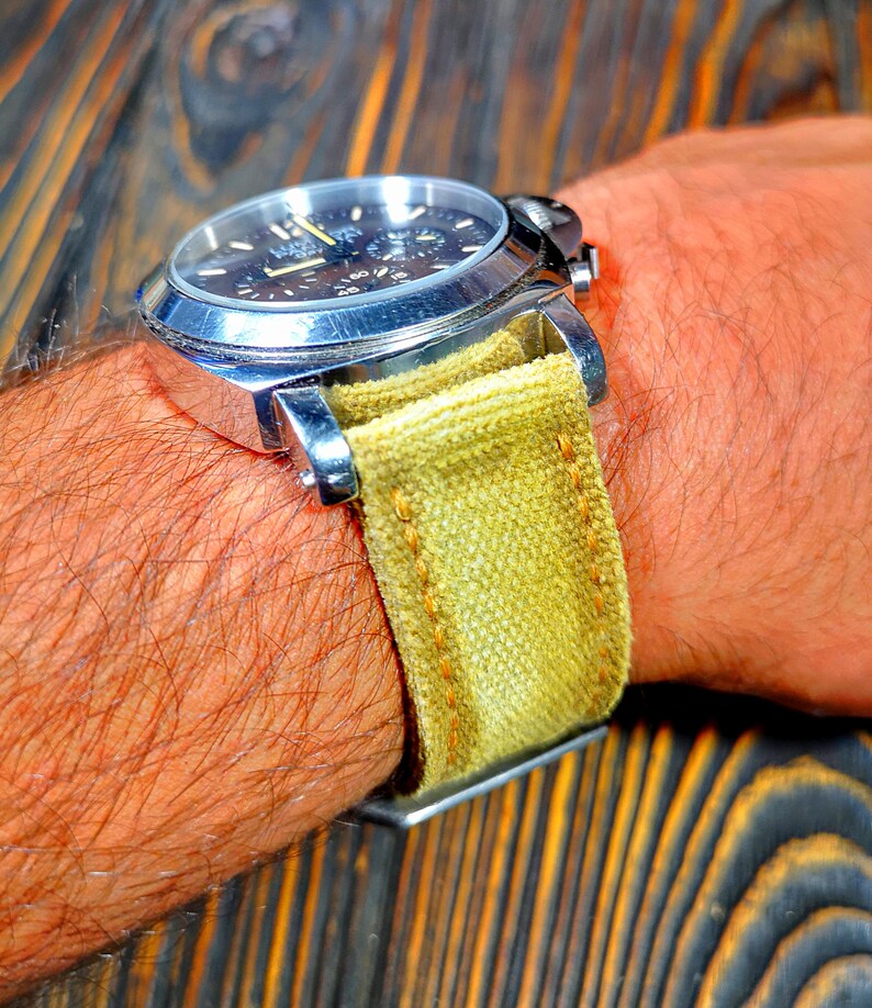 Bracelet de montre en toile,Bracelet de montre en toile lavée double laminé vieilli,couleur moutarde délavée pas jaune,pour 20 mm,22 mm,24 mm,26 mm,28 mm image 7