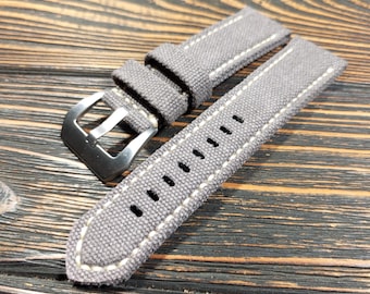 Washed Canvas Watch Strap, Padded Double Rolled, Gray Color,20mm,22mm,23mm,24mm,26mm-50mm